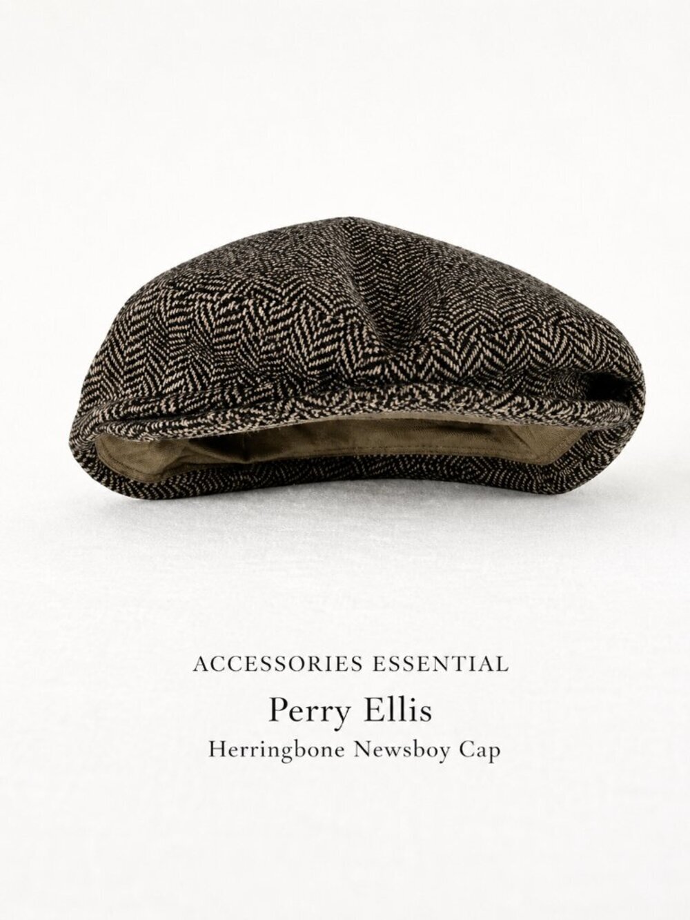 Perry Ellis 100% Wool Herringbone Newsboy Cap Brown Tweed L Classic